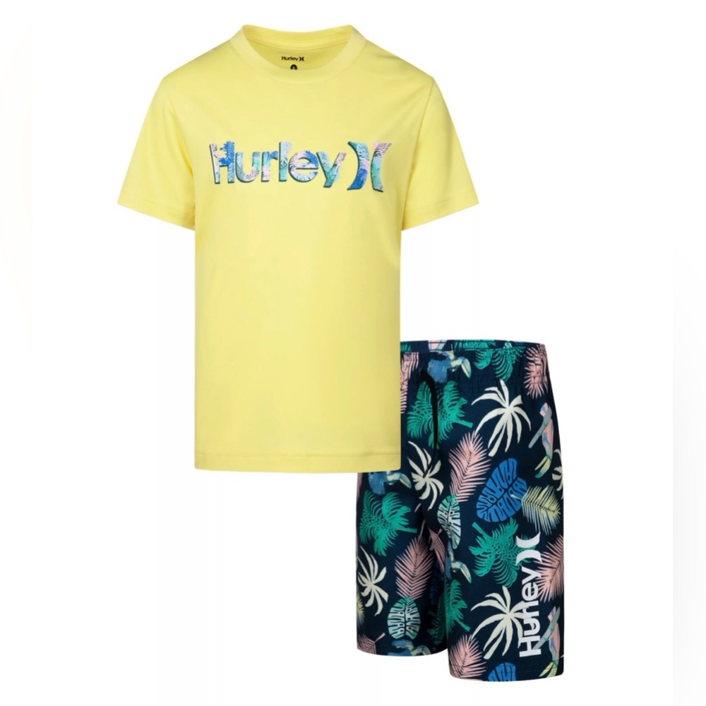 NEW Little Boy Hurley Tropical H2O-Dri UPF Rashguard & Drawstring Swim Trunks